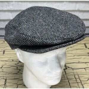 VTG Gray Herringbone Wool Newsboy Baker Boy Flat Cap Mens Hat Size Large USA